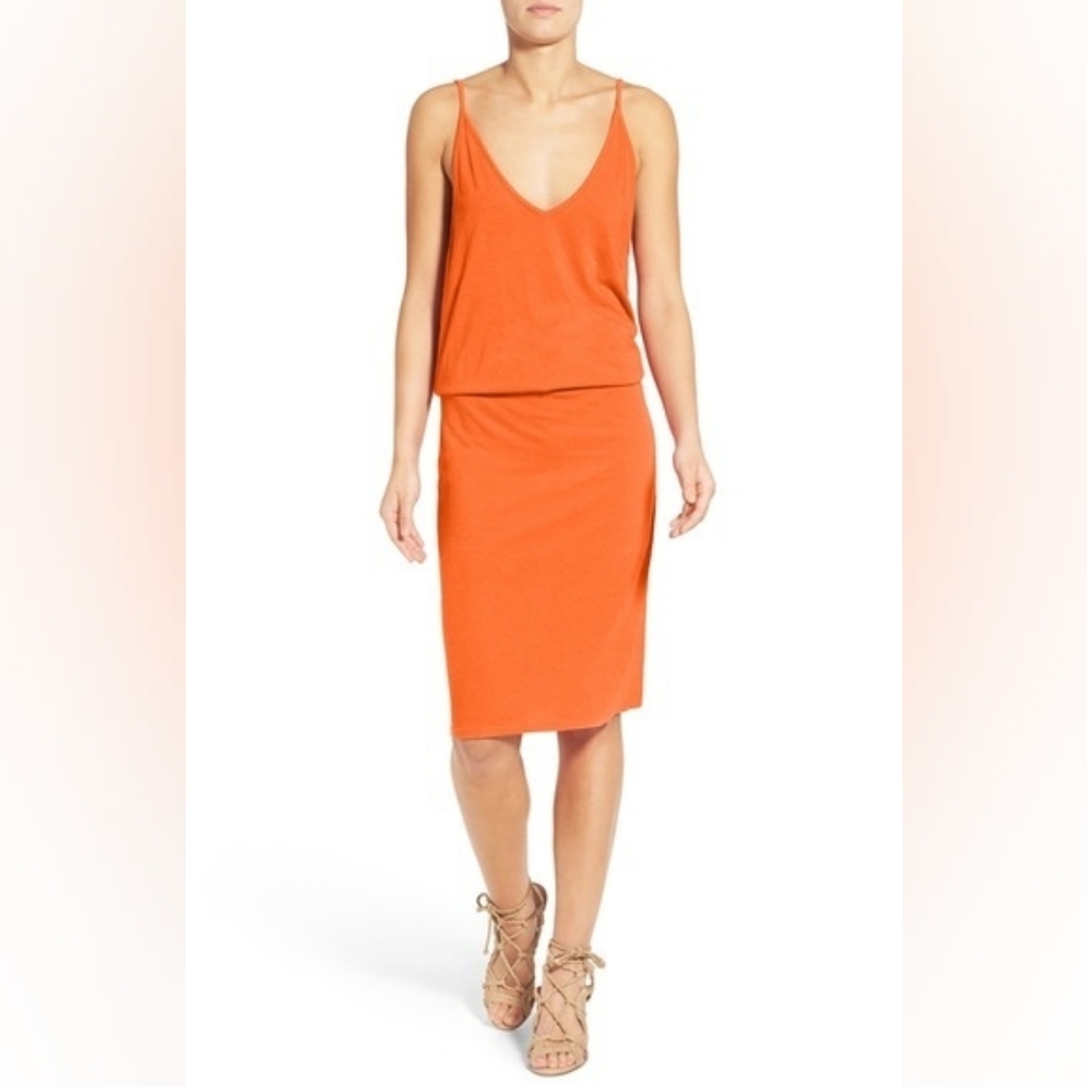 Pam & Gela Bright Colorful Orange Deep V Neck Strap Tank Slip Dress